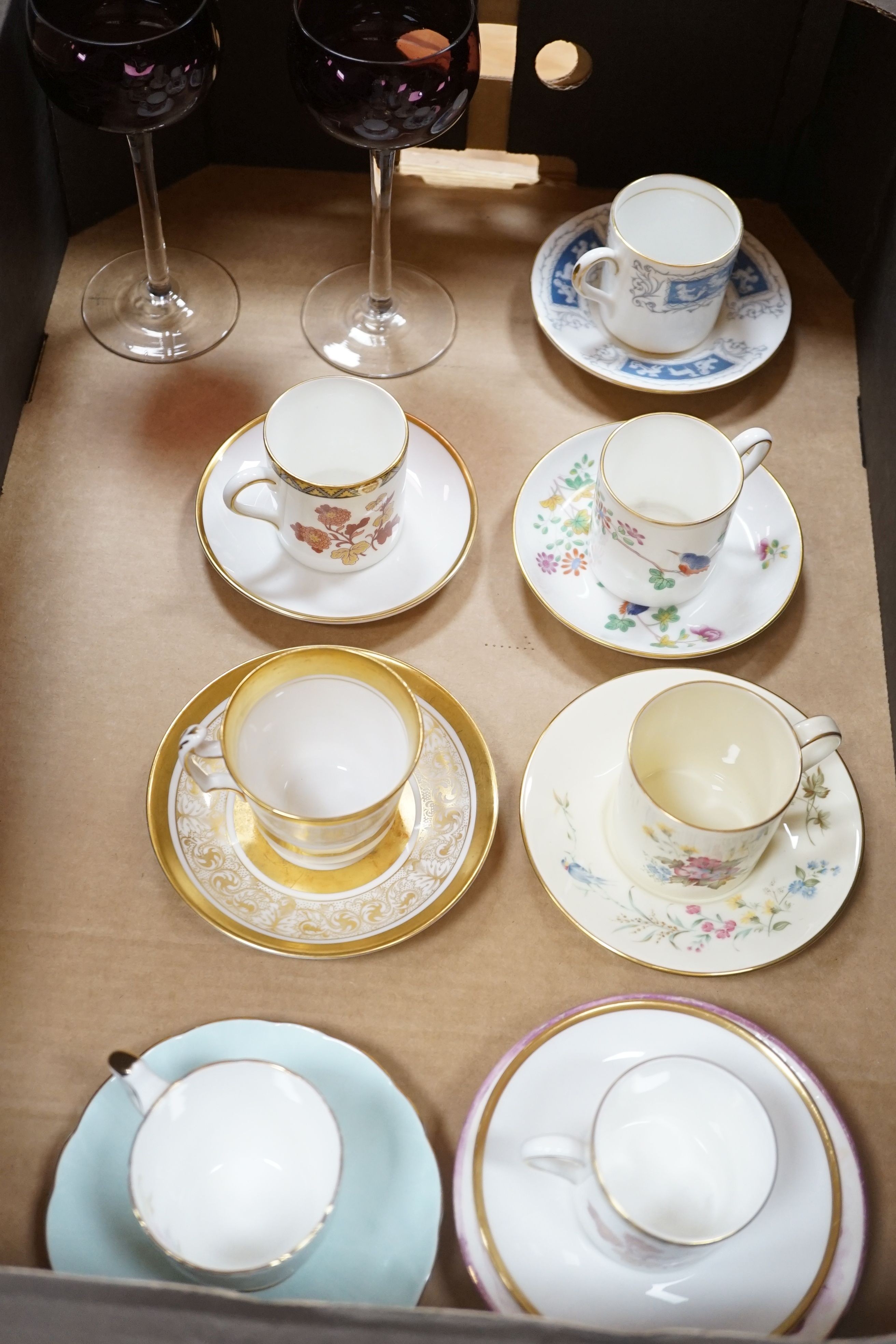 An assortment of ceramics and glassware, to include a part Spode service, Wedgwood, Coalport etc., six Waterford glasses, a Moorcroft jar and cover, and others